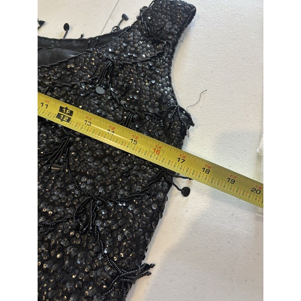 Vintage 60s Flapper Black Shiny Beaded Blouse Top Fringe Sequins Silk M Glam - Picture 5 of 16